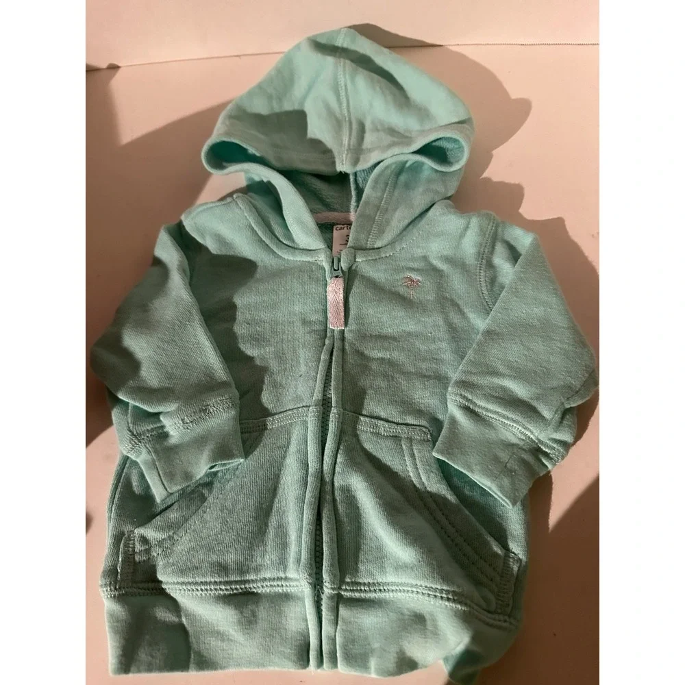 Carter's Hoodie - Size 3 Months - Green Zip Up W/Pockets Palm Tree Hit EC